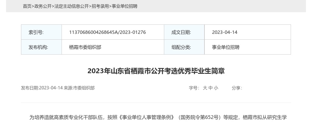 2023年烟台栖霞市公开考选优秀毕业生简章（40人） 图片